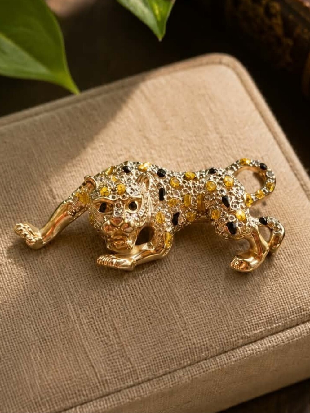 Gold-tone Leopard Brooch with Yellow and Clear Crystal Accents